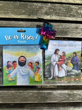 He is Risen! Puzzle & The Easter Story Book with Sequin Cross bundle Easter gift